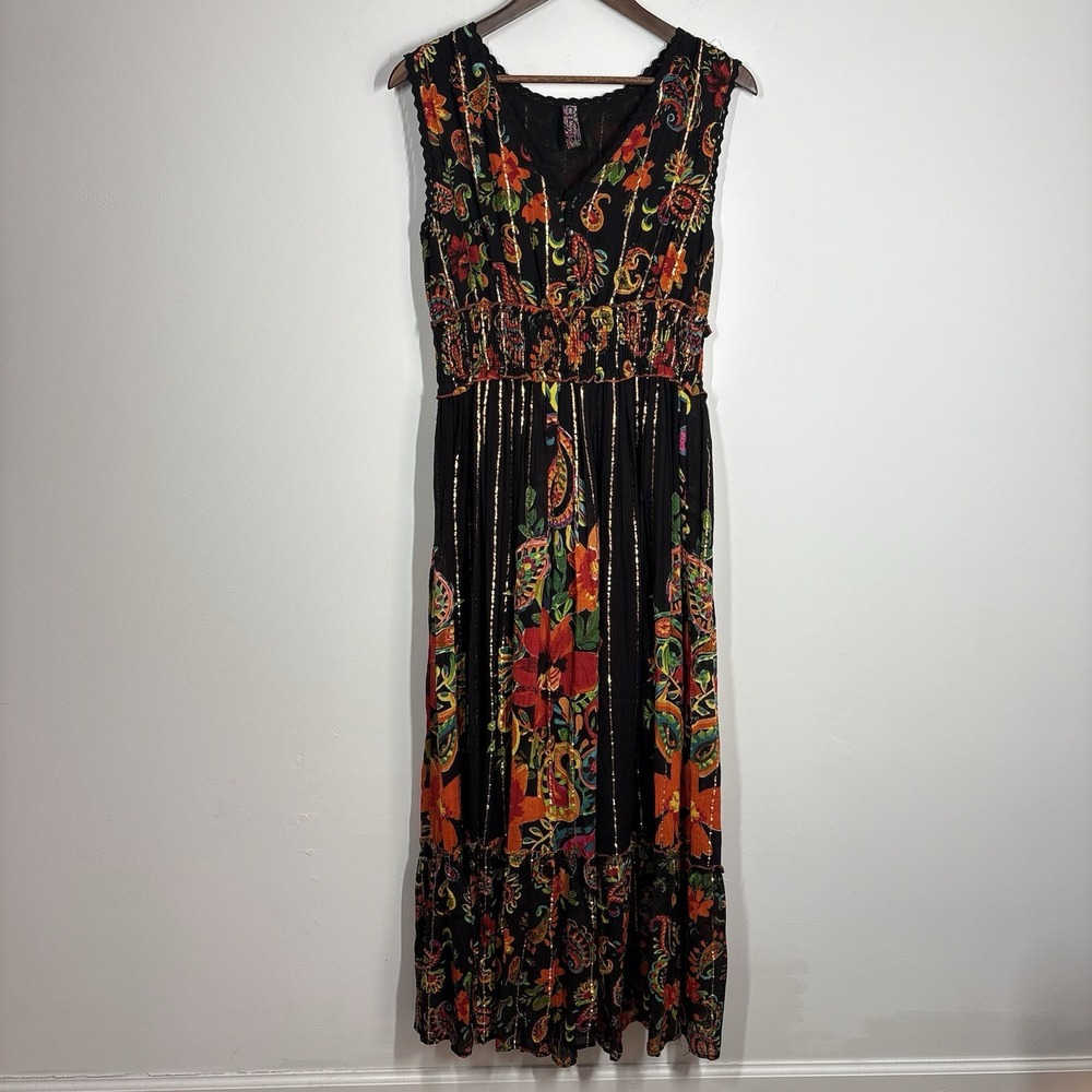 Me 2 Magic Anthropologie Womens Floral Paisley Maxi Dress Size L Black Metallic
